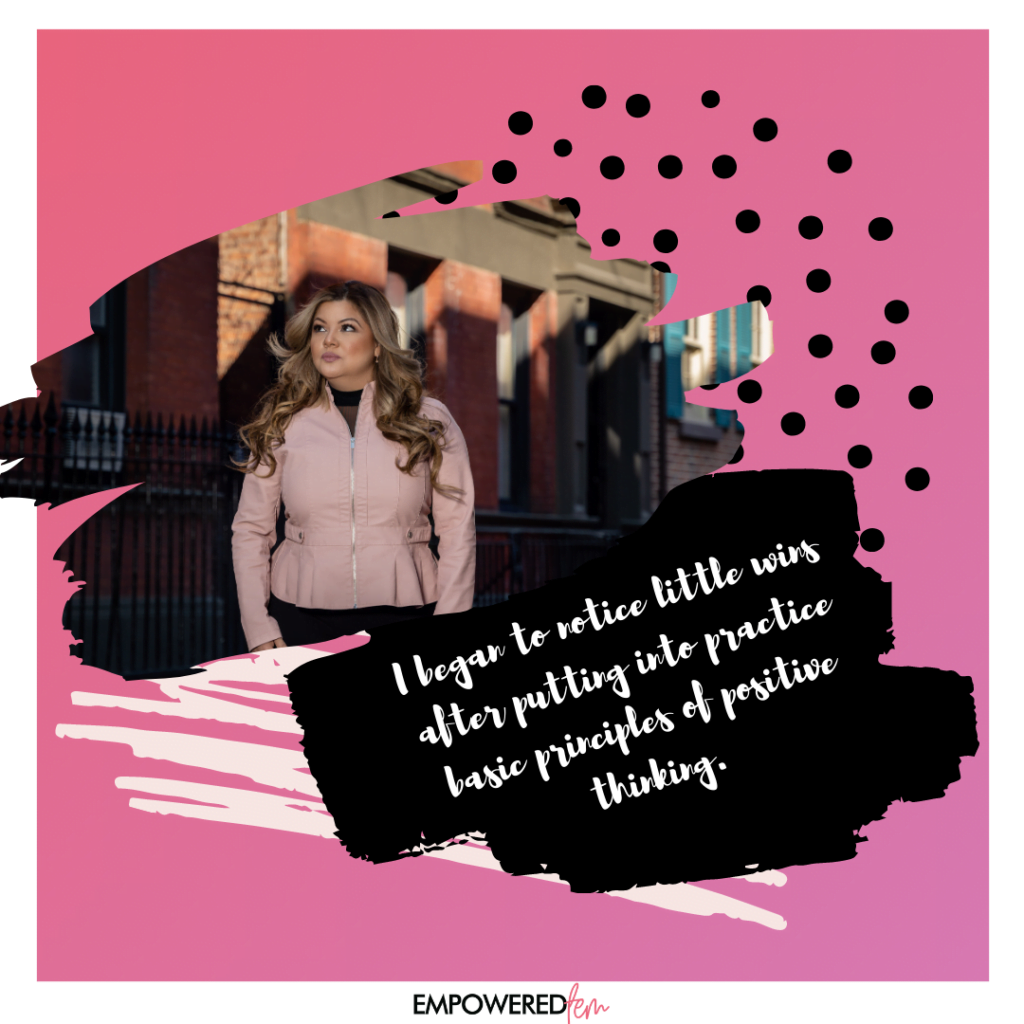 I began to notice little wins after putting into practice the basic principles of positive thinking. A picture of Zoraida thinking positively as she stands in the street.